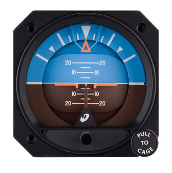 ATTITUDE INDICATOR/Electric, 10-32 VDC, Rotating Roll Dial, Traditional symbolic aircraft, 11 degree tilt.
