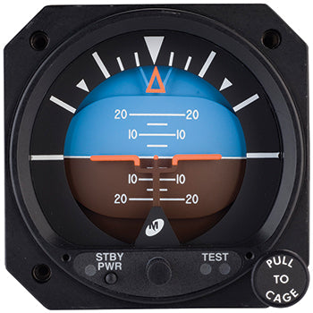 ATTITUDE INDICATOR/Electric, 10-32 VDC, Fixed roll dial, Traditional symbolic aircraft.