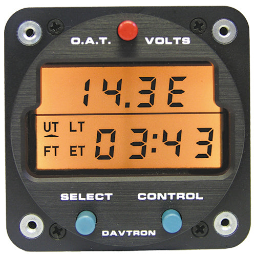 CHRONOMETER/Digital Clock with 5V lighting. O.A.T. (outside air temperature) Fahrenheit and Celsius. Displays Universal time, Local time, Elapsed time and Flight time, red and blue buttons, Includes Temperature Probe and backup battery.