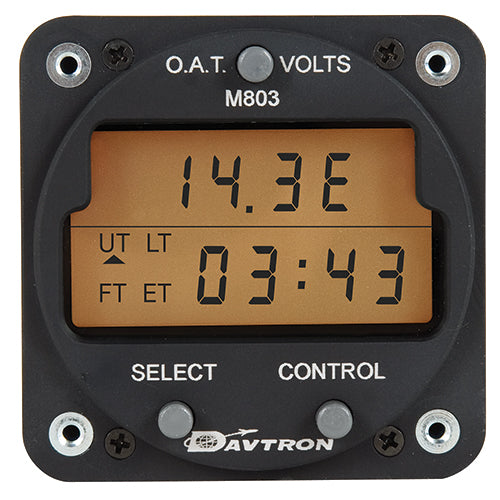 CHRONOMETER/Digital Clock with 28V lighting. O.A.T. (outside air temperature) Fahrenheit and Celsius. Displays Universal time, Local time, Elapsed time and Flight time, red and blue buttons, Includes Temperature Probe (CESSNA CONFIG).