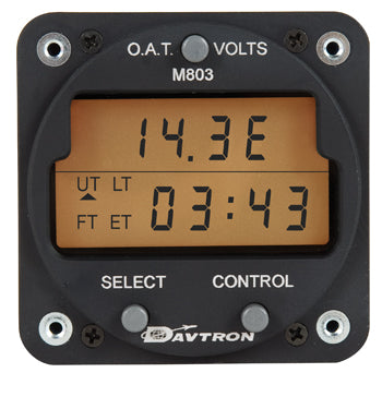 CHRONOMETER/Digital Clock with 5V lighting. O.A.T. (outside air temperature) Fahrenheit and Celsius. Displays Universal time, Local time, Elapsed time and Flight time, gray buttons.
