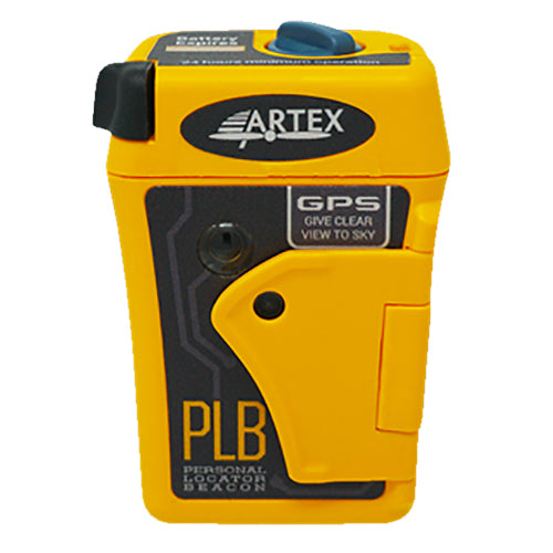 ARTEX PERSONAL LOCATOR BEACON (PLB)/Compact, with pouch. Length: 2.1 Width: 1.3 Height: 3 4.09 ounces. Class 2 (non-hazmat) lithium batteries, orange, 7 year warranty. Includes: mounting clip, mounting band and lanyard.
