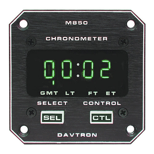 CHRONOMETER/M850 Digital clock with 28V lighting, night vision capability Green A. Displays universal time, local time and flight time, 24 hour battery. 2 1/4 front mount, 2 button control.