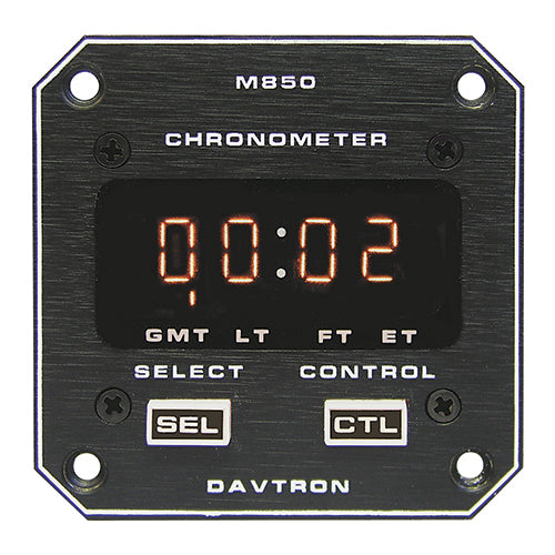 CHRONOMETER/M850 Digital clock with 5V lighting. Displays universal time, local time and flight time. 2 1/4 front mount, 2 button control.