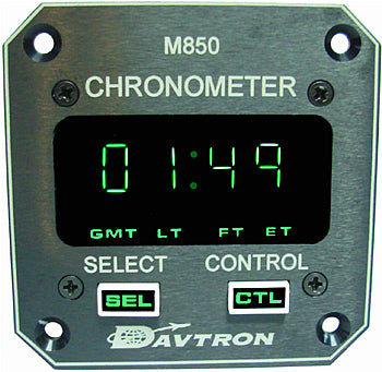 CHRONOMETER/M850 Digital clock with 14V lighting, night vision capability Green A. Displays universal time, local time and flight time, 24 hour LT. 2 1/4 front mount, 2 button control.
