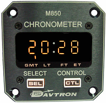 CHRONOMETER/M850 Digital clock with 5V lighting. Displays universal time, local time and flight time, 24 hour LT. 2 1/4 front mount, 2 button control.