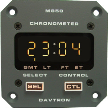 CHRONOMETER/M850 Digital clock with 28V lighting. Displays universal time, local time and flight time, gray face plate, 24 hour LT, gray face plate. 2 1/4 front mount, 2 button control.