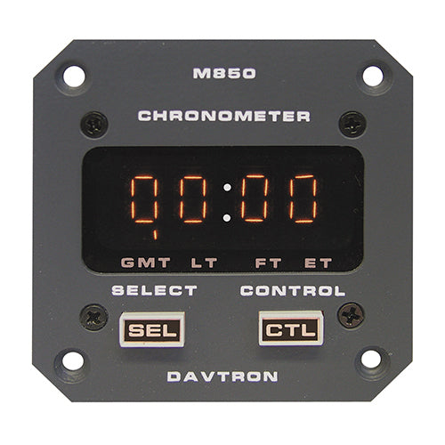 CHRONOMETER/M850 Digital clock with 14V lighting, night vision capability Green A. Displays universal time, local time and flight time, gray face plate, 24 hour LT. 2 1/4 front mount, 2 button control.