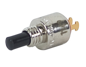 MOMENTARY PUSHBUTTON SWITCH, Single Pole, Single Throw, Normally Open, Black Plunger, 0.4 Amps , 20 Volts  AC/DC, Solder terminals.