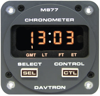 CHRONOMETER/LED Digital clock with 5V illuminating buttons. Displays Universal time, 24 hour Local time, Flight time, and Elapsed time. 2 1/4 internal mount.  2-button control, Sunlight readable, Automatic dimming.