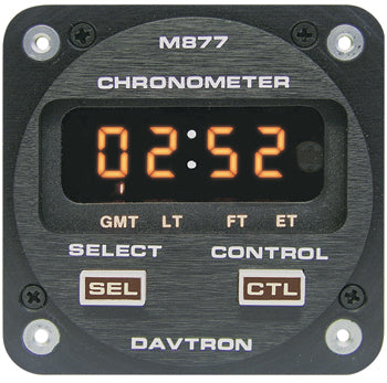 CHRONOMETER/LED Digital clock with 5V illuminating buttons. Displays Universal time, Local time, Flight time, and Elapsed time. 2 1/4 internal mount.  2-button control, Sunlight readable, Automatic dimming. Model number: M877