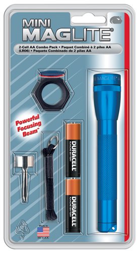MINI MAG-LITE COMBO PACK/Blue, includes: flashlight, pocket clip, lanyard wrist strap, lens holder, red, blue and clear lenses, and 2ea AA cell premium alkaline batteries.